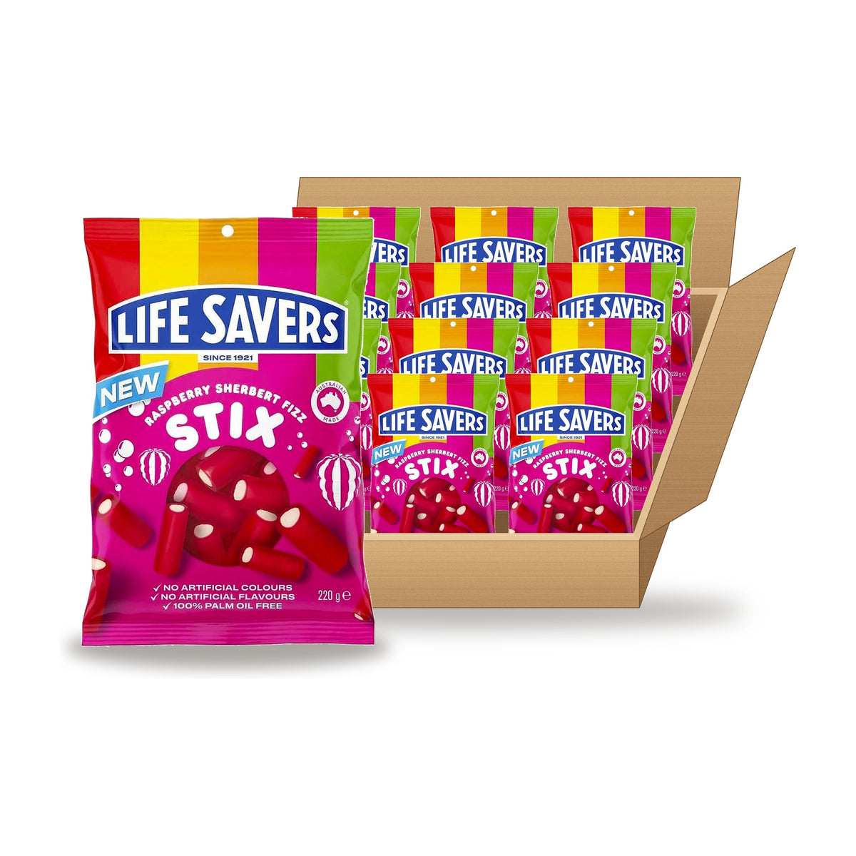 Life Savers Sherbert Fizz Stix Raspberry 200 g Case: one bag in front of an open case