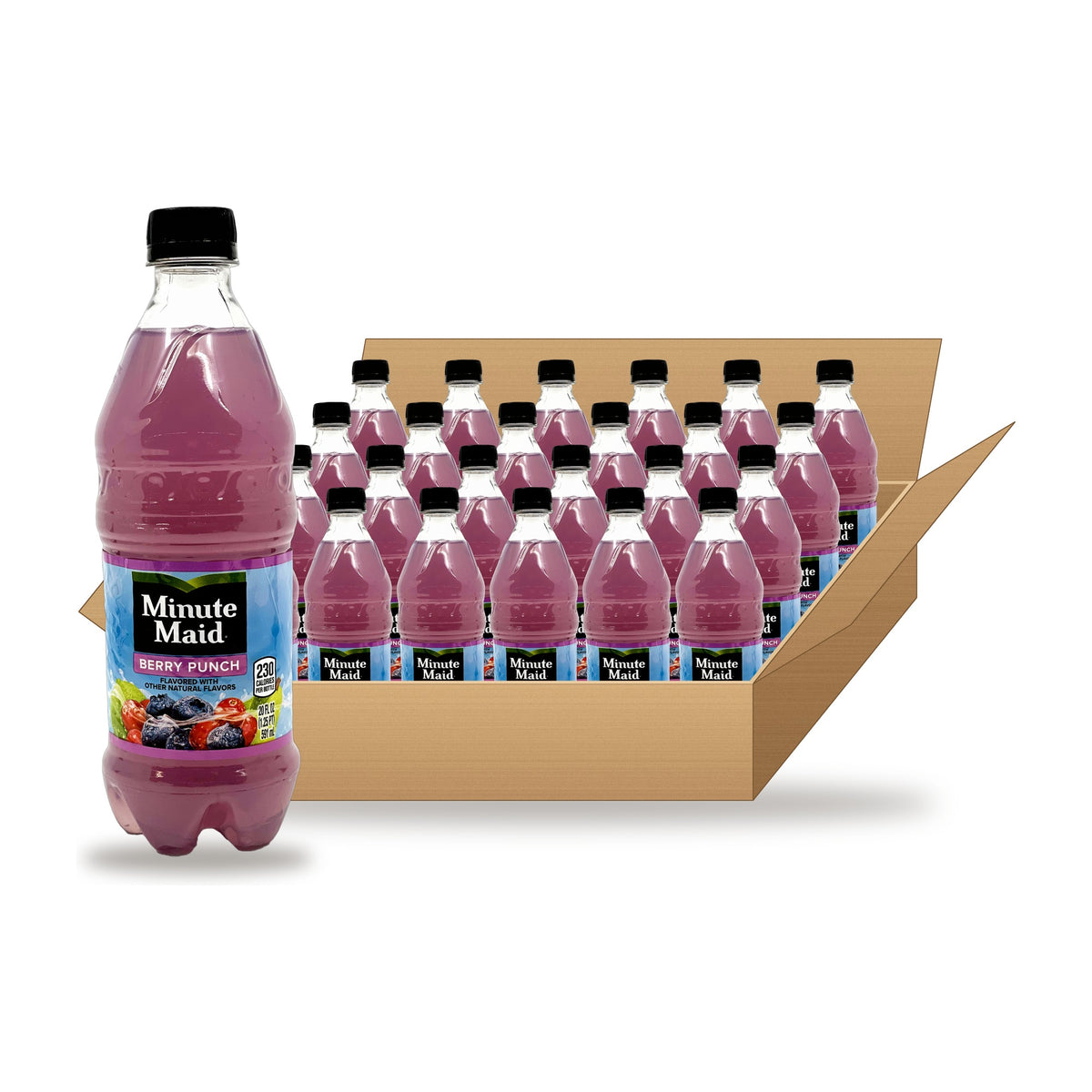 Minute Maid Berry Punch 20 oz, 24 Pack: one bottle in front of an open case