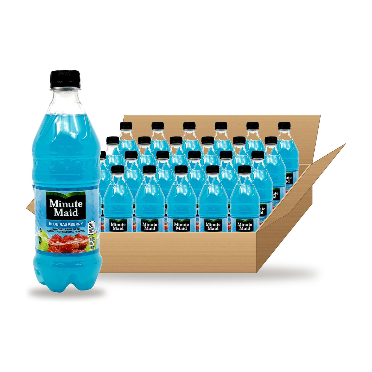 Minute Maid Blue Raspberry 20 oz, 24 Pack: one bottle in front of an open case