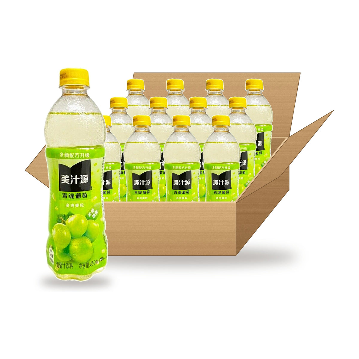 Minute Maid Green Grape Juice Drink, 12 Pack: one bottle in front of an open case