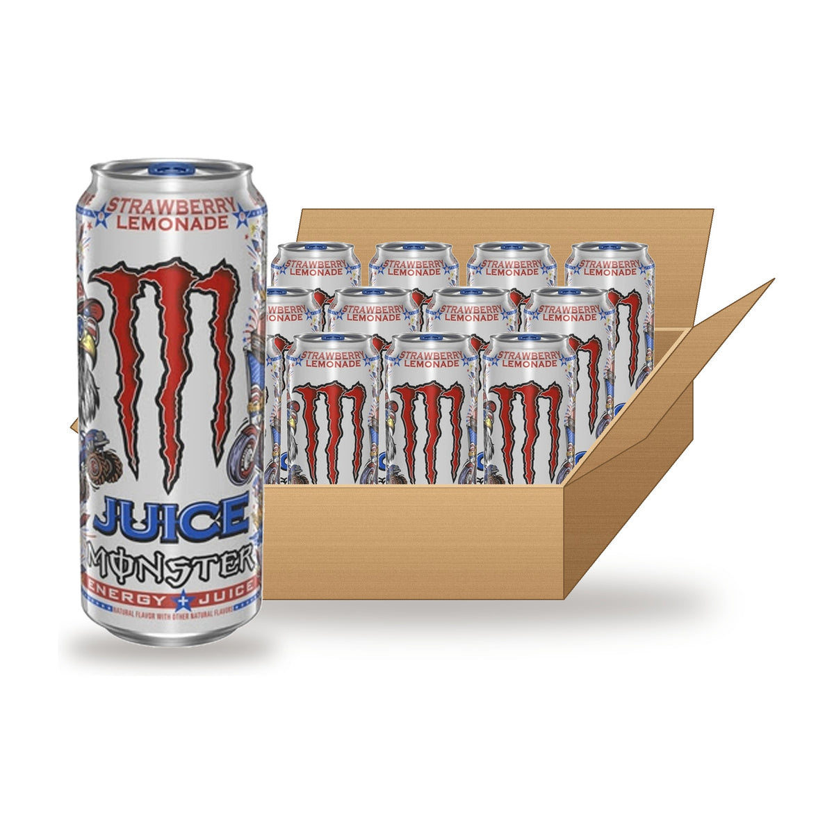 Monster Energy Juice Strawberry Lemonade 16 oz Case: one can in front of an open case