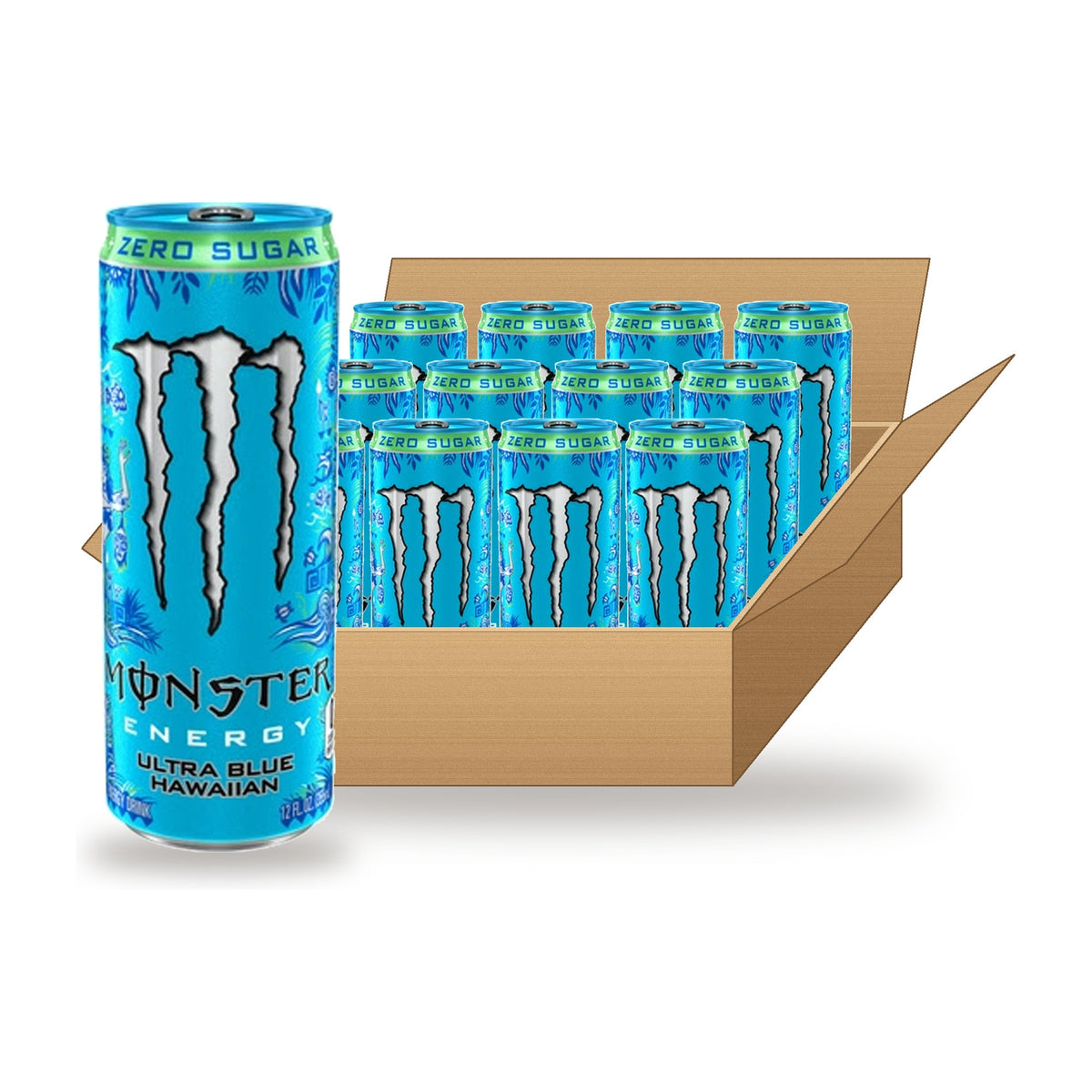 Monster Energy Ultra Blue Hawaiian Zero Sugar 12 oz Case: one can in front of an open case