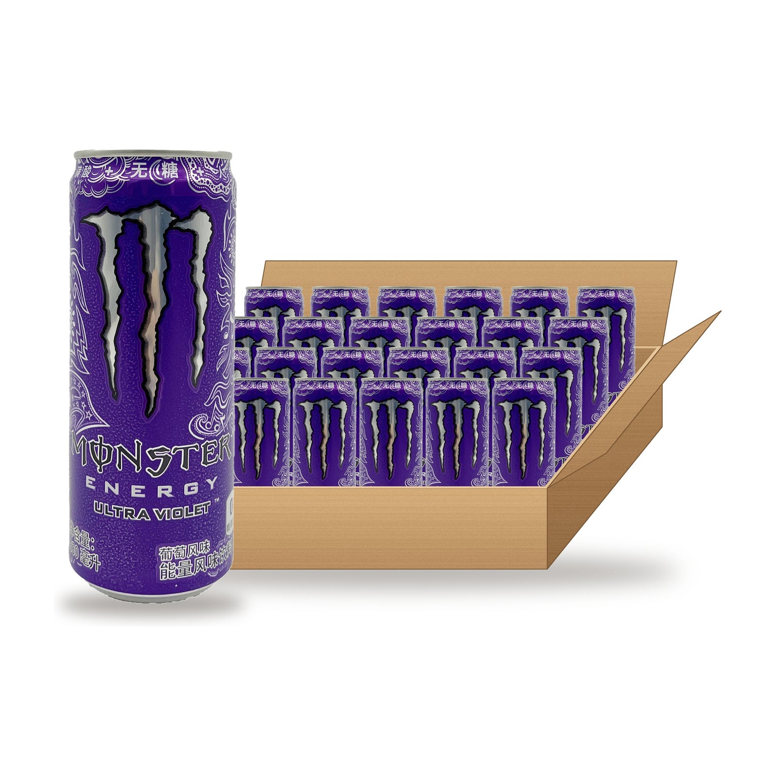 Monster Energy Zero Sugar Ultra Violet 330 mL, 24 Pack: one can in front of an open case