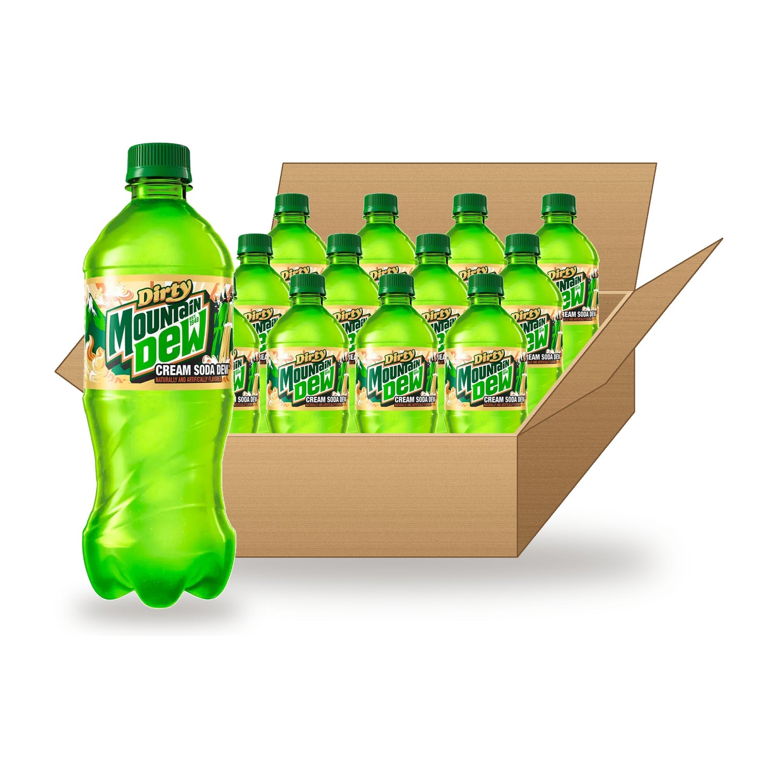 Mountain Dew Dirty Cream Soda 12 oz Case: one can in front of an open case