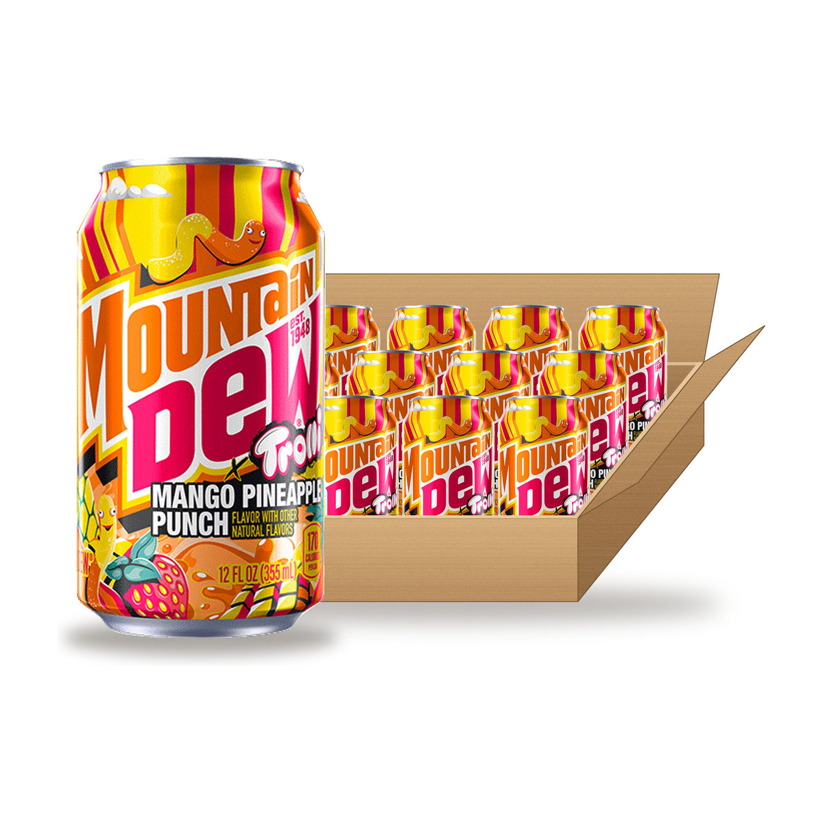 Mountain Dew Trolli Mango Pineapple Punch 12 oz Case: one can in front of an open case
