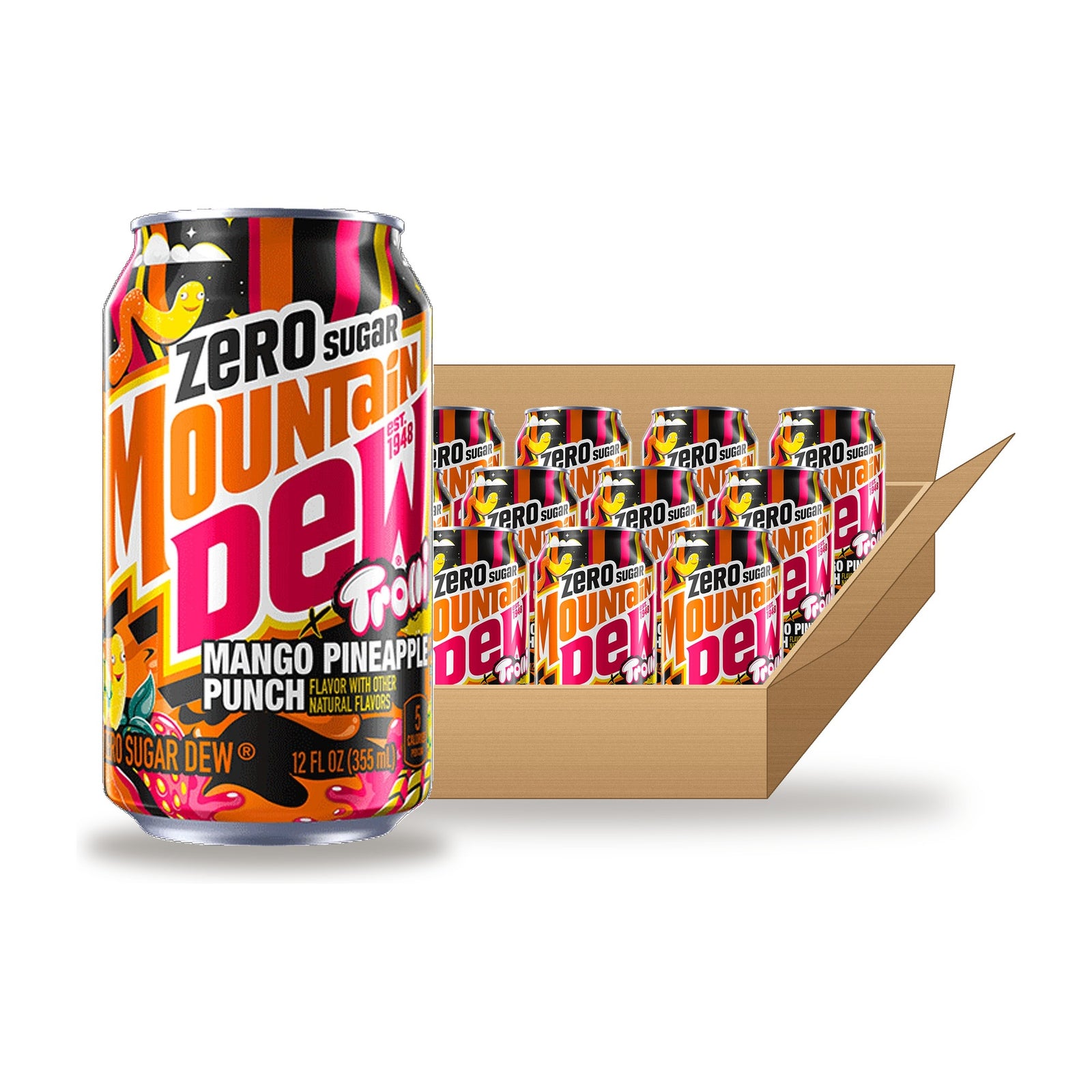 Mountain Dew Trolli Zero Sugar Mango Pineapple Punch 12 oz, 12 Pack: one can in front of an open case