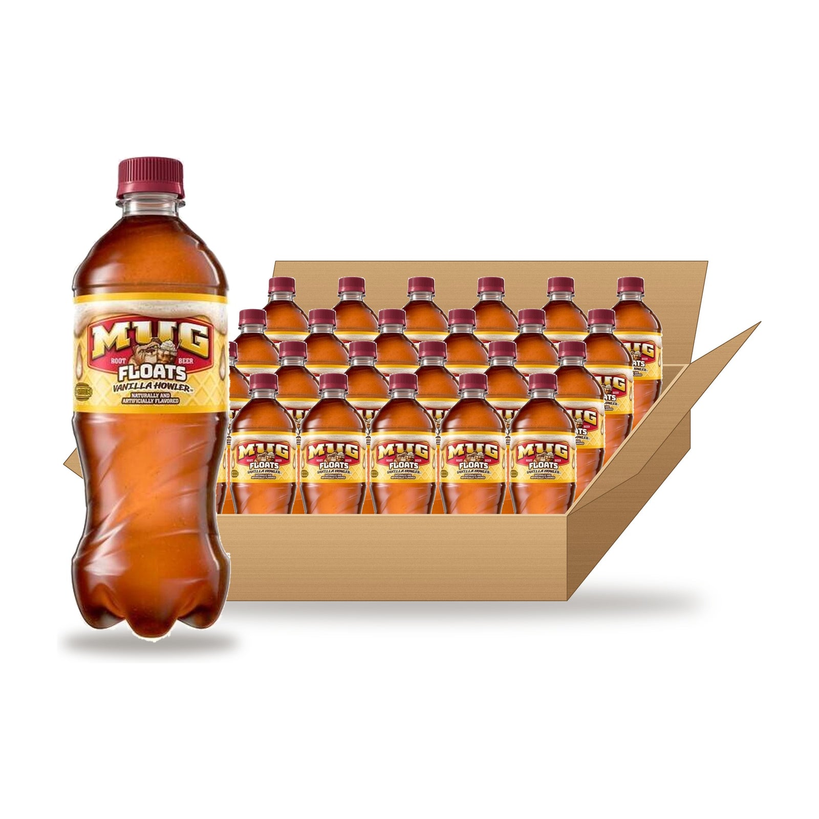 Mug Floats Vanilla Howler 20 oz, 24 Pack: one bottle in front of an open case