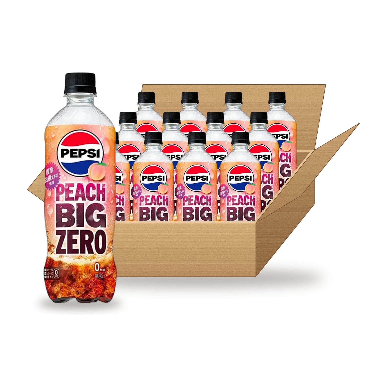 Pepsi Big Zero Sugar Peach 600 mL, 12 Pack: one bottle in front of an open case