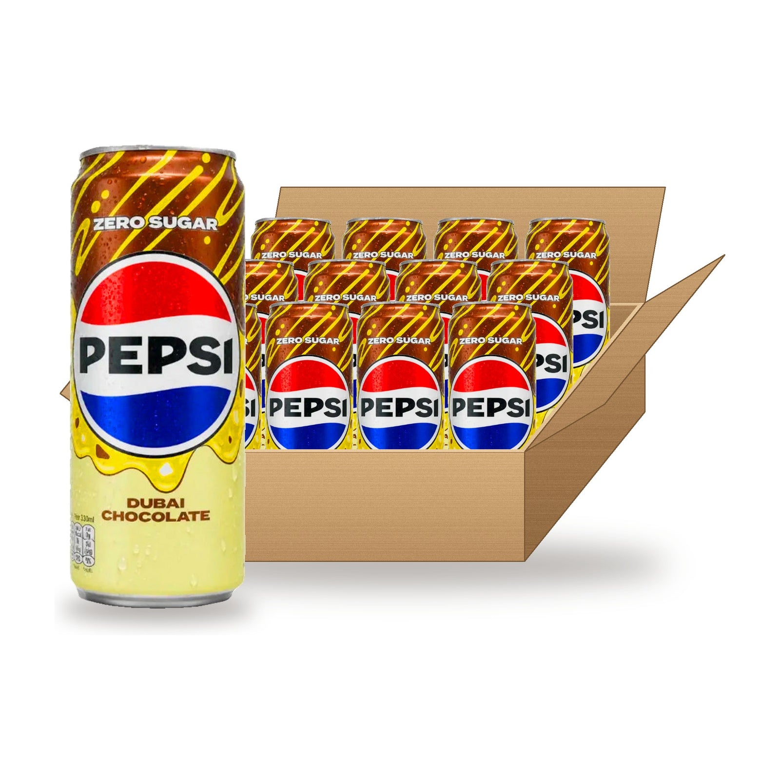 Pepsi Dubai Pistachio Chocolate Zero Sugar 325 mL Case: one can in front of an open case