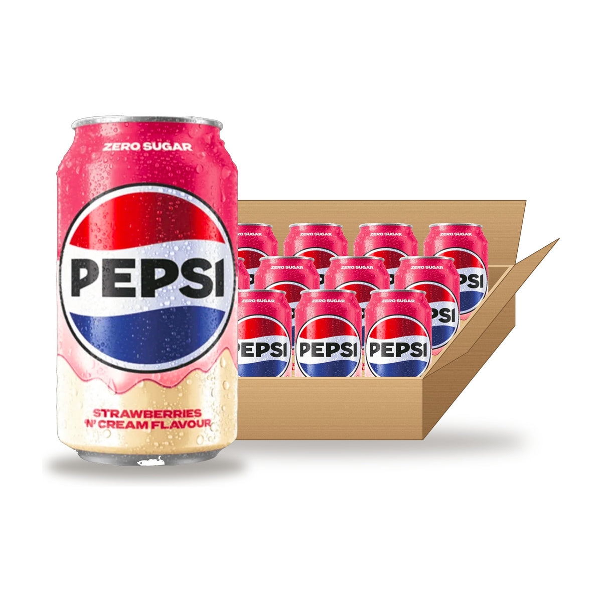 Pepsi Strawberry Milkshake Zero Sugar 325 mL Case: one can in front of an open case