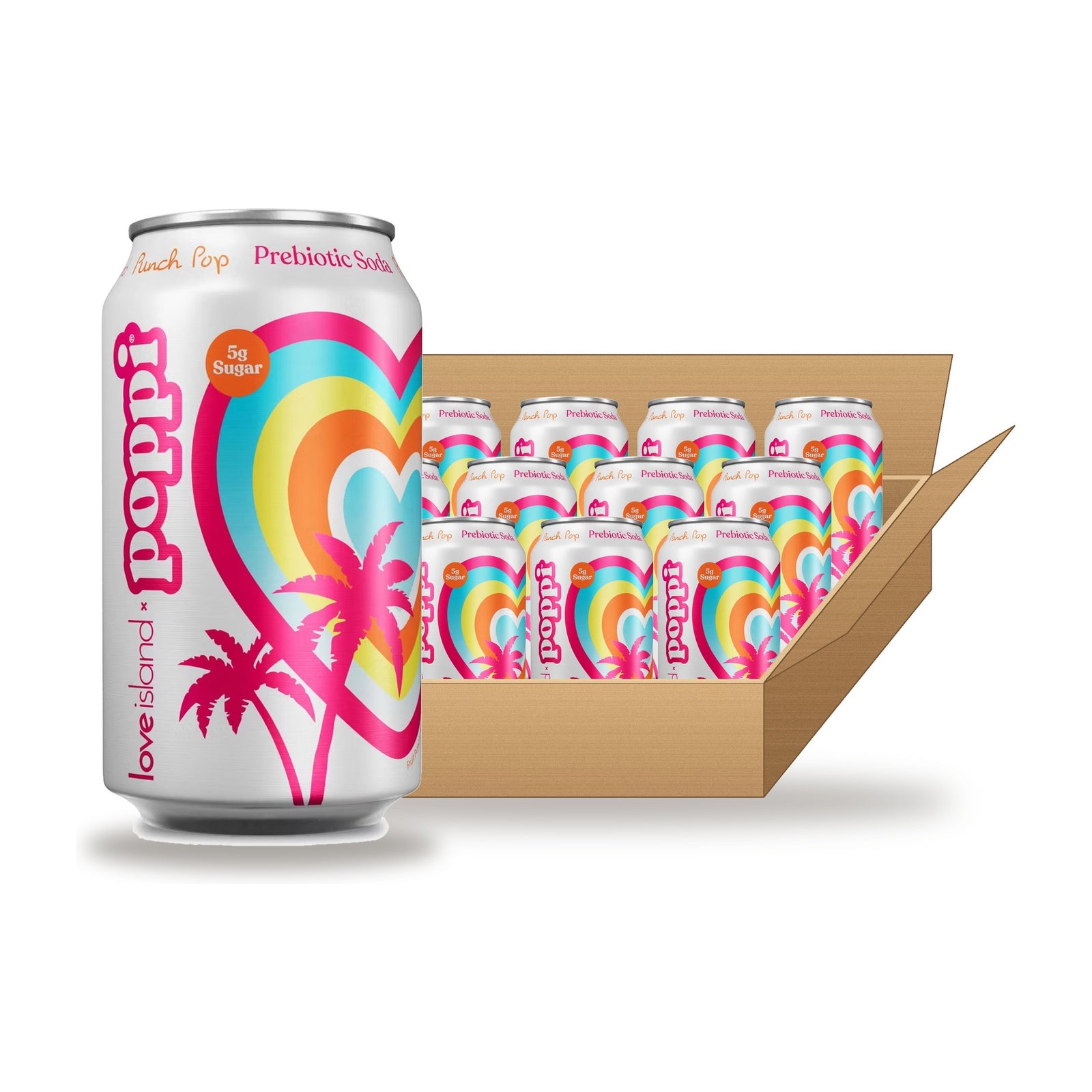 Poppi Love Island Punch Pop Prebiotic 12 oz Case: one can in front of an open case