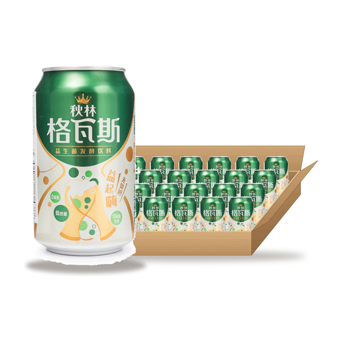 Qiulin Kvass Bread Fermented Beverage 330 mL, 24 Pack: one can in front of an open case