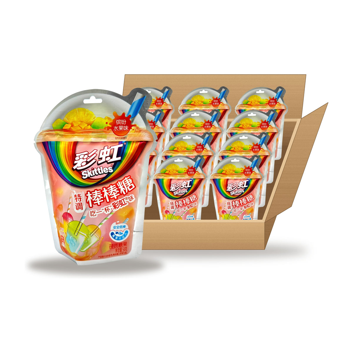Skittles Fruit Lollipops 54 g Case: one pouch in front of an open case