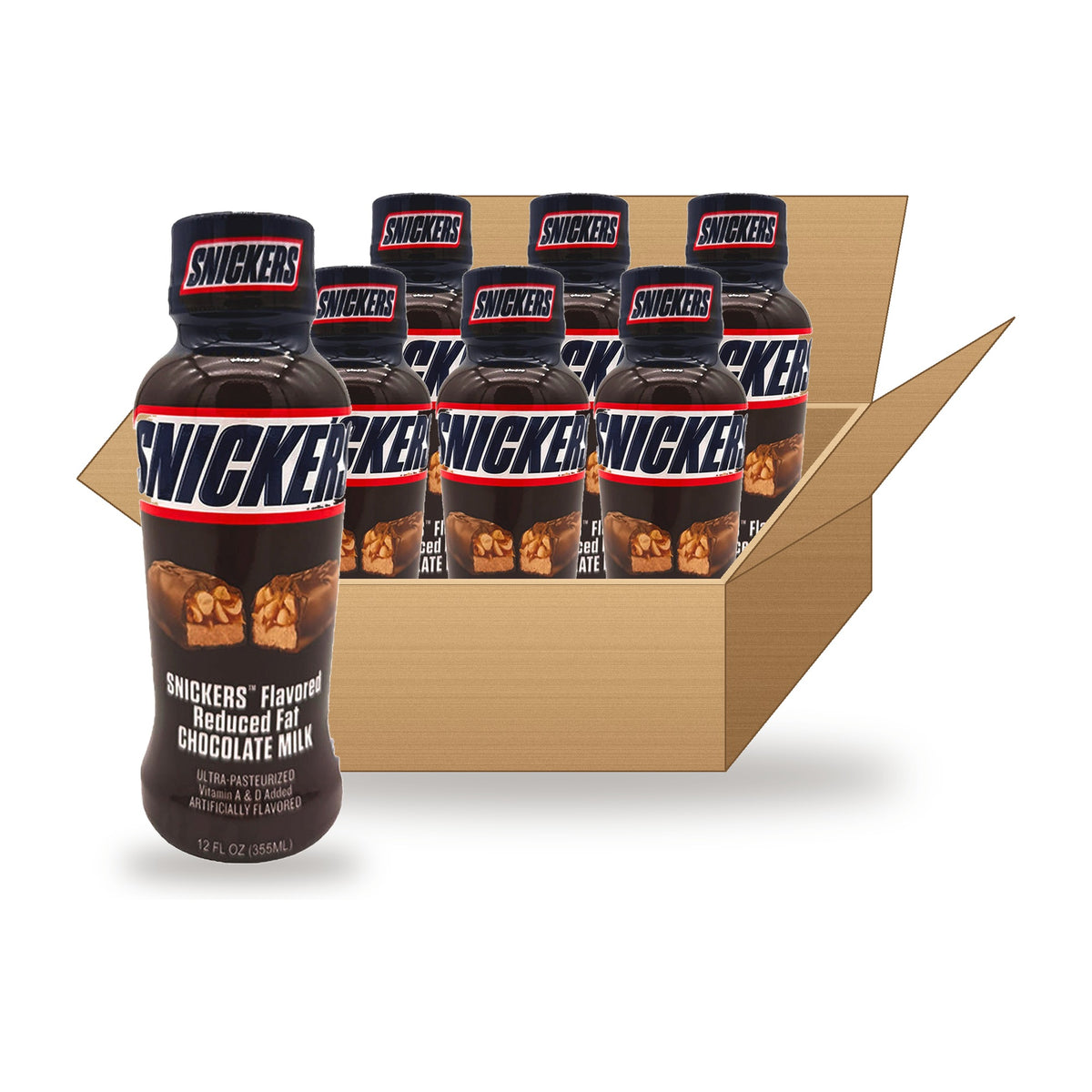 Snickers Chocolate Milk 12 oz, 6 Pack: one bottle in front of an open case