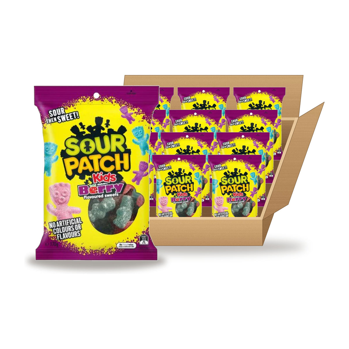 Sour Patch Kids Berry 170 g Case: one bag in front of an open case