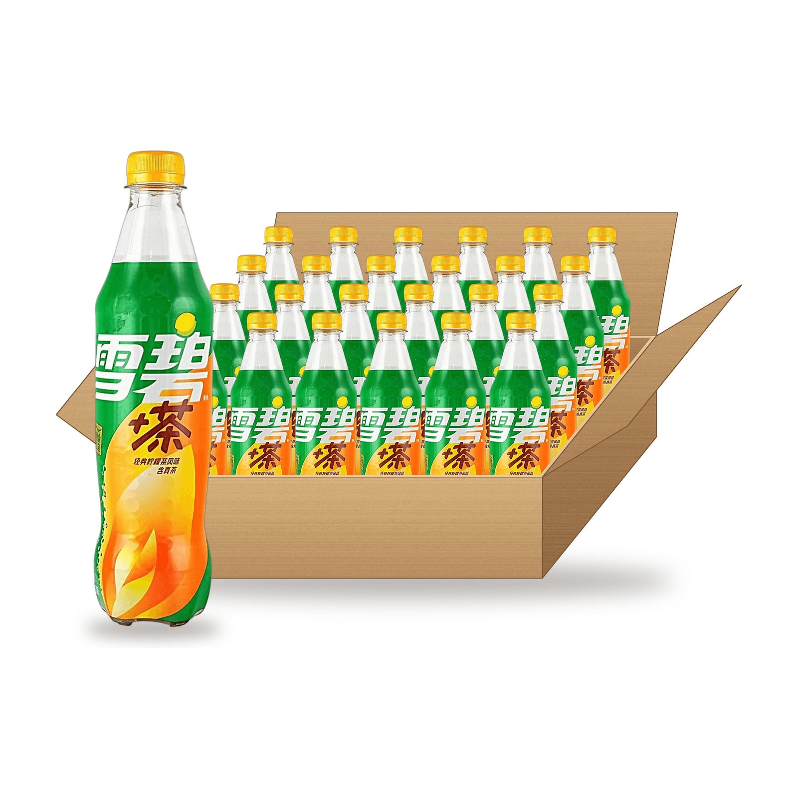 Sprite Lemon Tea 500 mL, 24 Pack: one bottle in front of an open case