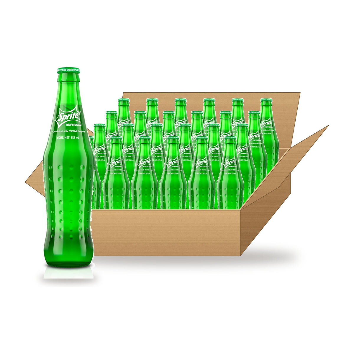 Sprite Mexico 355 mL, 24 Pack: one glass bottle in front of an open case