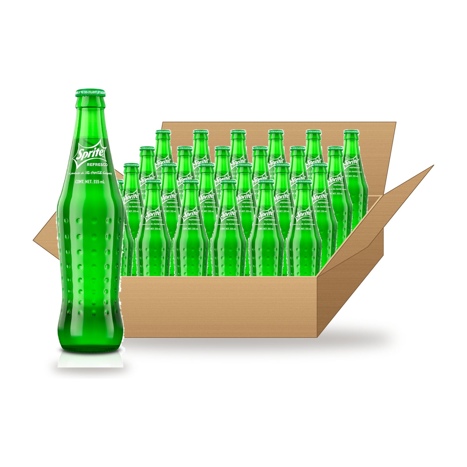 Sprite Mexico 355 mL, 24 Pack: one glass bottle in front of an open case