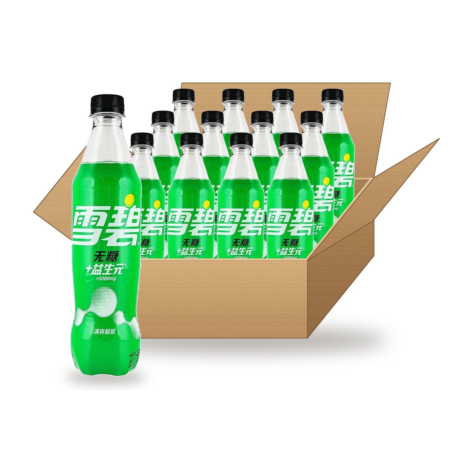 Sprite Sugar Free Lemon Prebiotic 500 mL, 12 Pack: one bottle in front of an open case