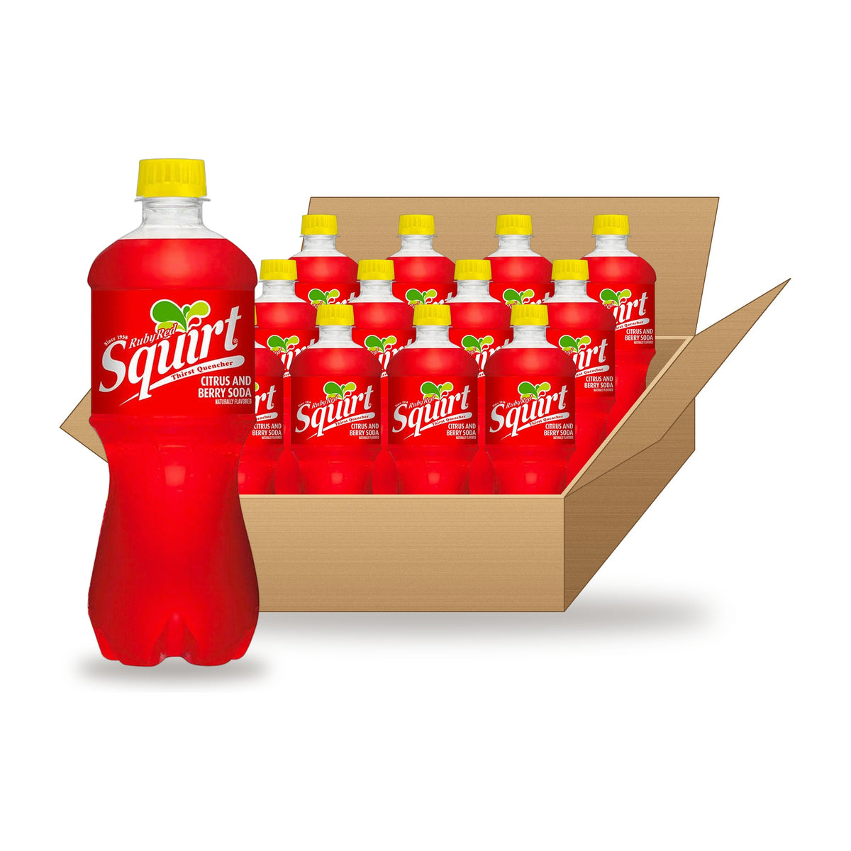 Squirt Ruby Red 20 oz Case: one bottle in front of an open case