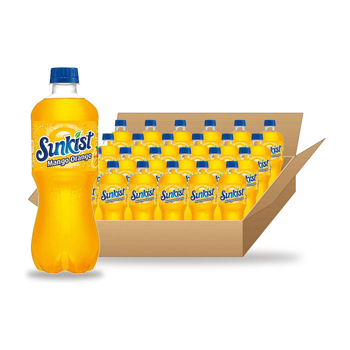 Sunkist Mango Orange 20 oz, 24 Pack: one bottle in front of an open case