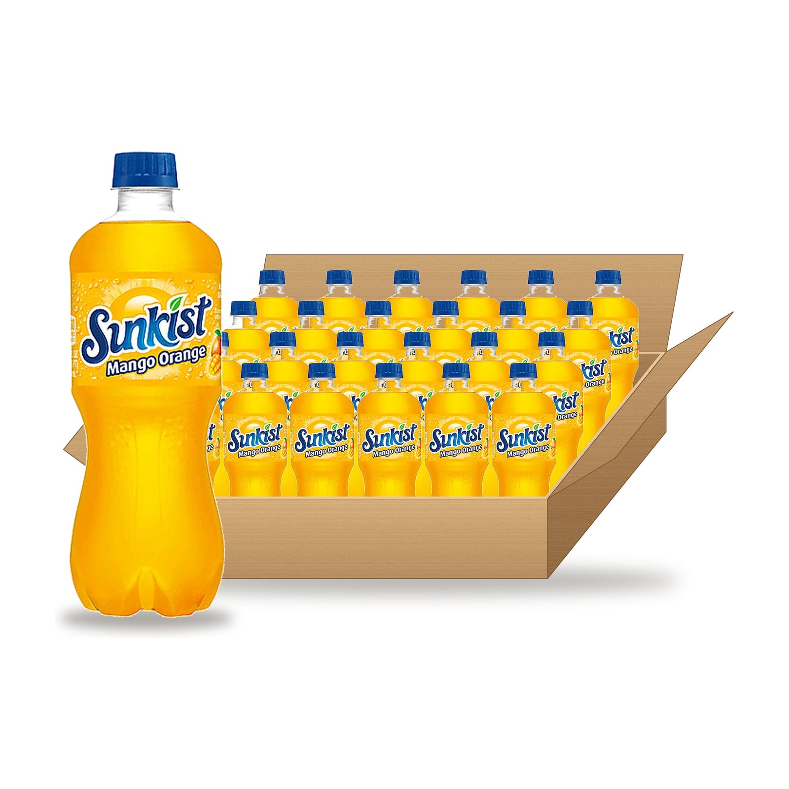 Sunkist Mango Orange 20 oz, 24 Pack: one bottle in front of an open case