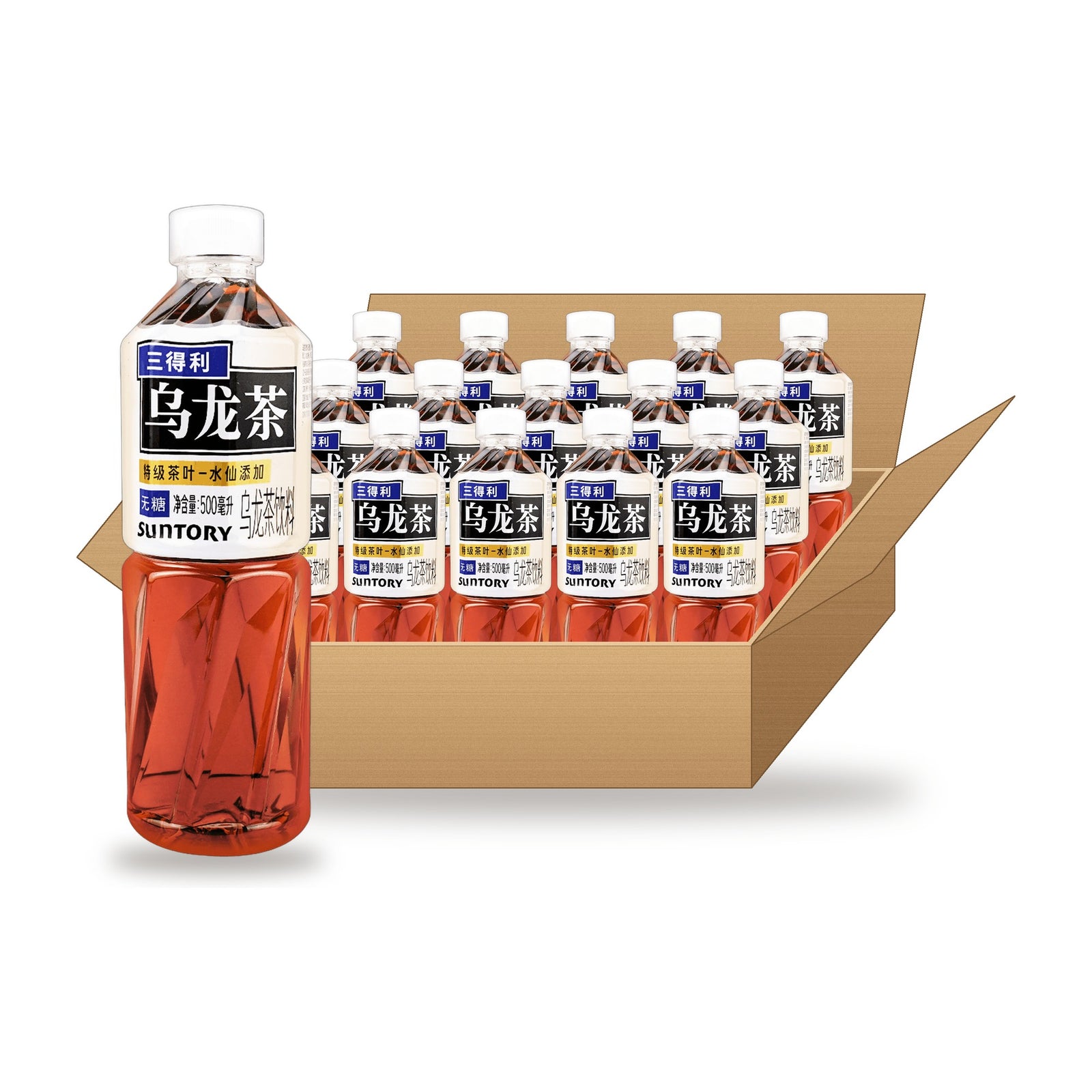 Suntory Sugar Free Oolong Tea 500 mL, 15 Pack: one bottle in front of an open case