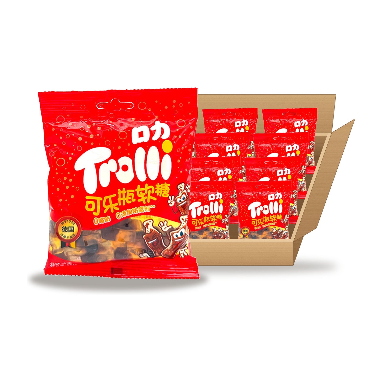 Trolli Cola Bottles 60 g Case: one bag in front of an open case