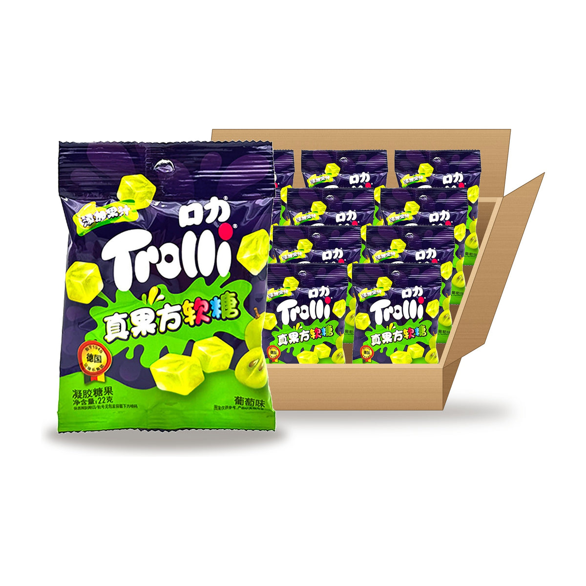Trolli Green Grape Gummy Cubes 22 g Case: one bag in front of an open case