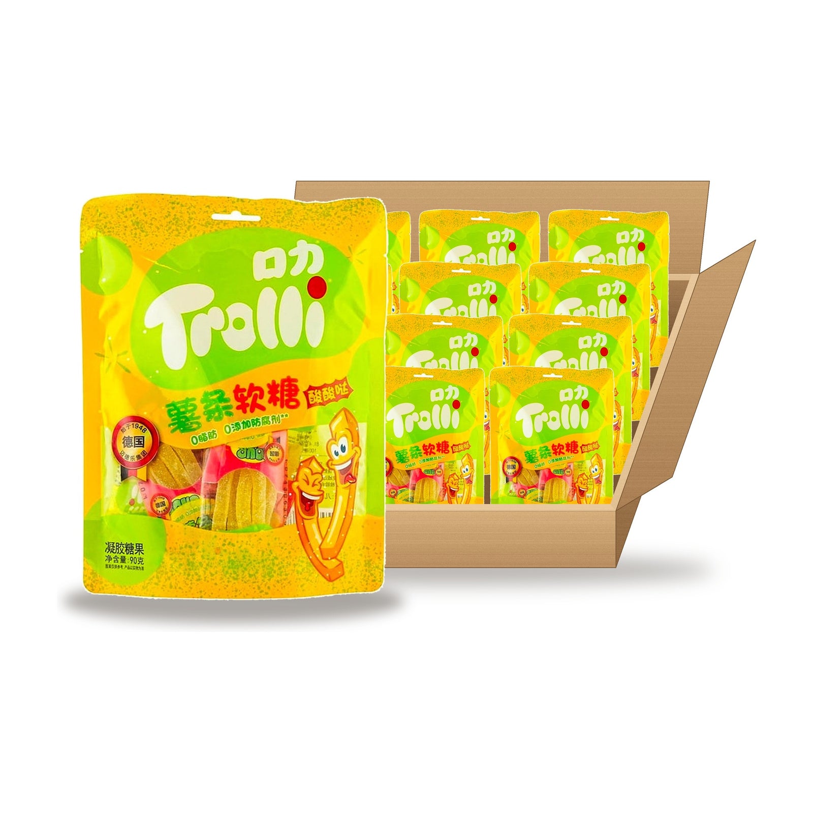 Trolli Gummy Fries 90 g Case: one bag in front of an open case