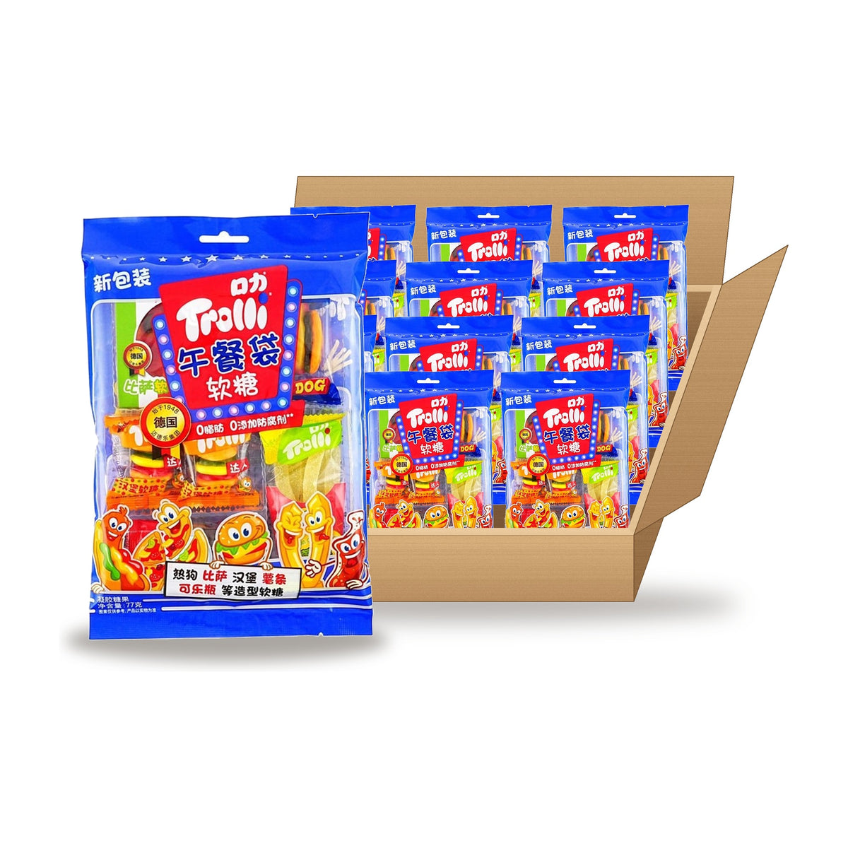 Trolli Lunch Bag Gummies 77 g Case: one bag in front of an open case