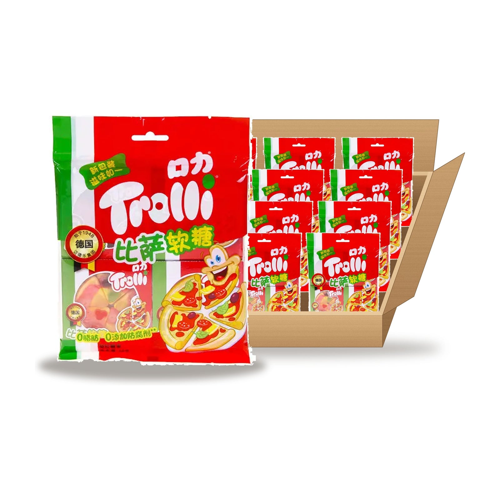 Trolli Pizza Gummies 68 g Case: one bag in front of an open case