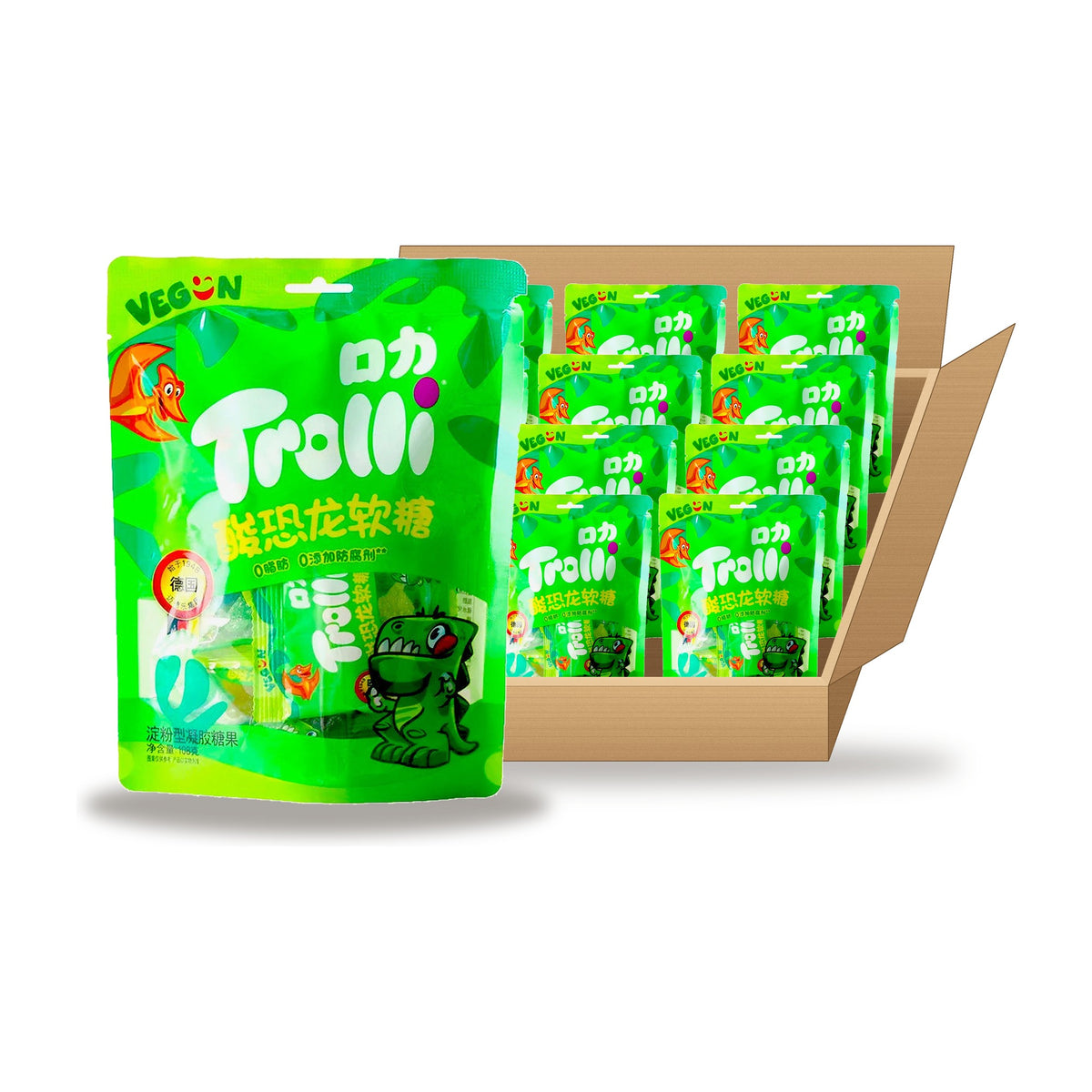 Trolli Sour Dino Gummies 108 g Case: one bag in front of an open case