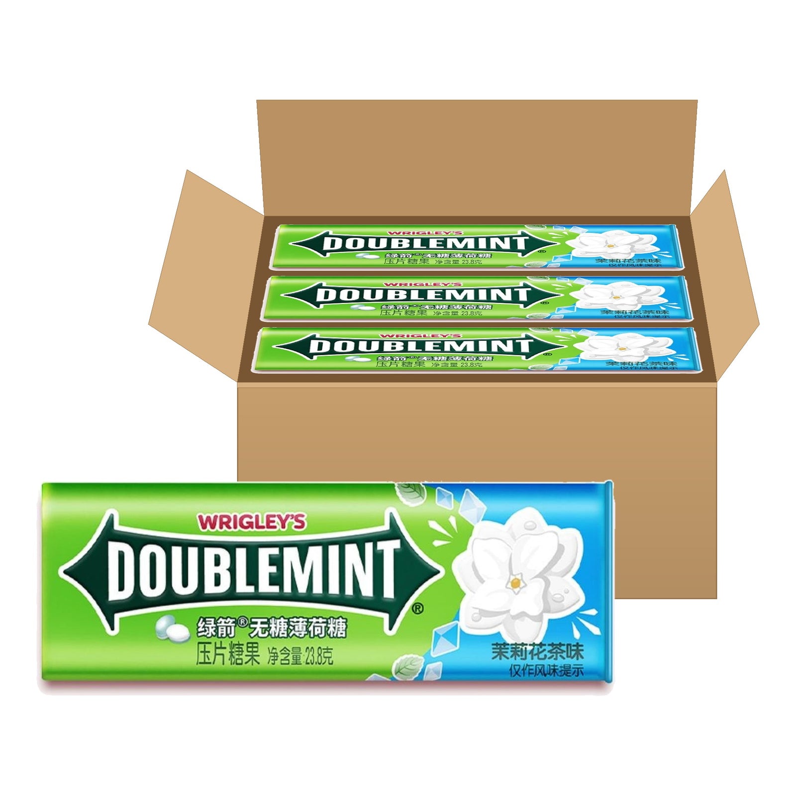 Wrigley's Doublemint Jasmine Tea Mints 23.8 g pack in front of an open case of packs
