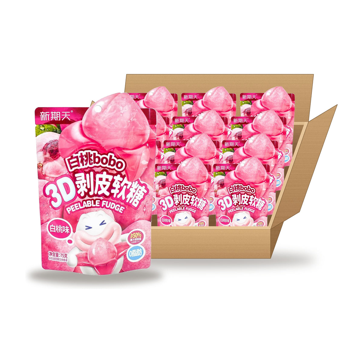 Xinqitian Bobo 3D Peelable White Peach Gummy 75 g, 16 Pack: one bag in front of an open case