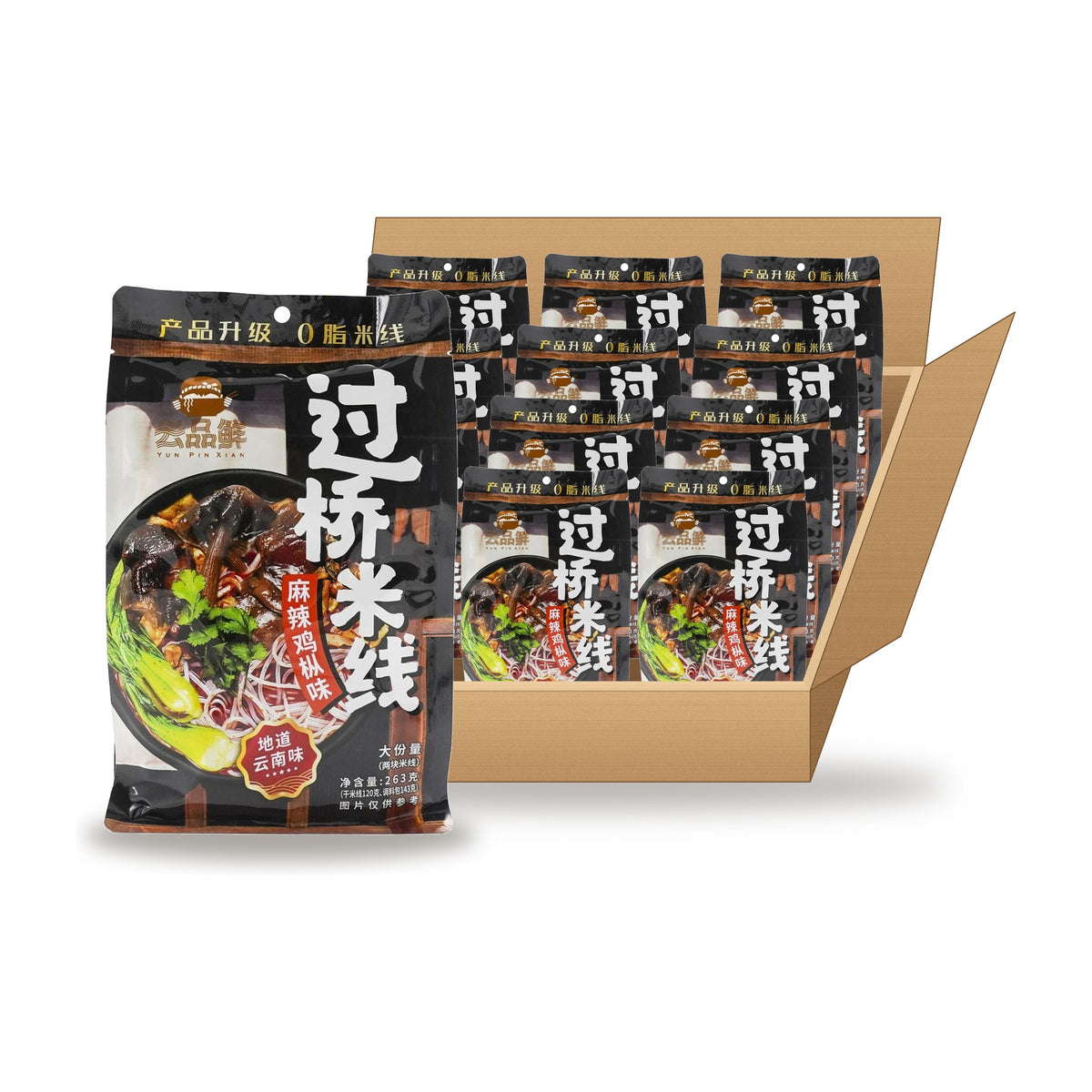 Yun Pin Xian Spicy Mushroom Noodle Soup 263 g Case: one bag in front of an open case
