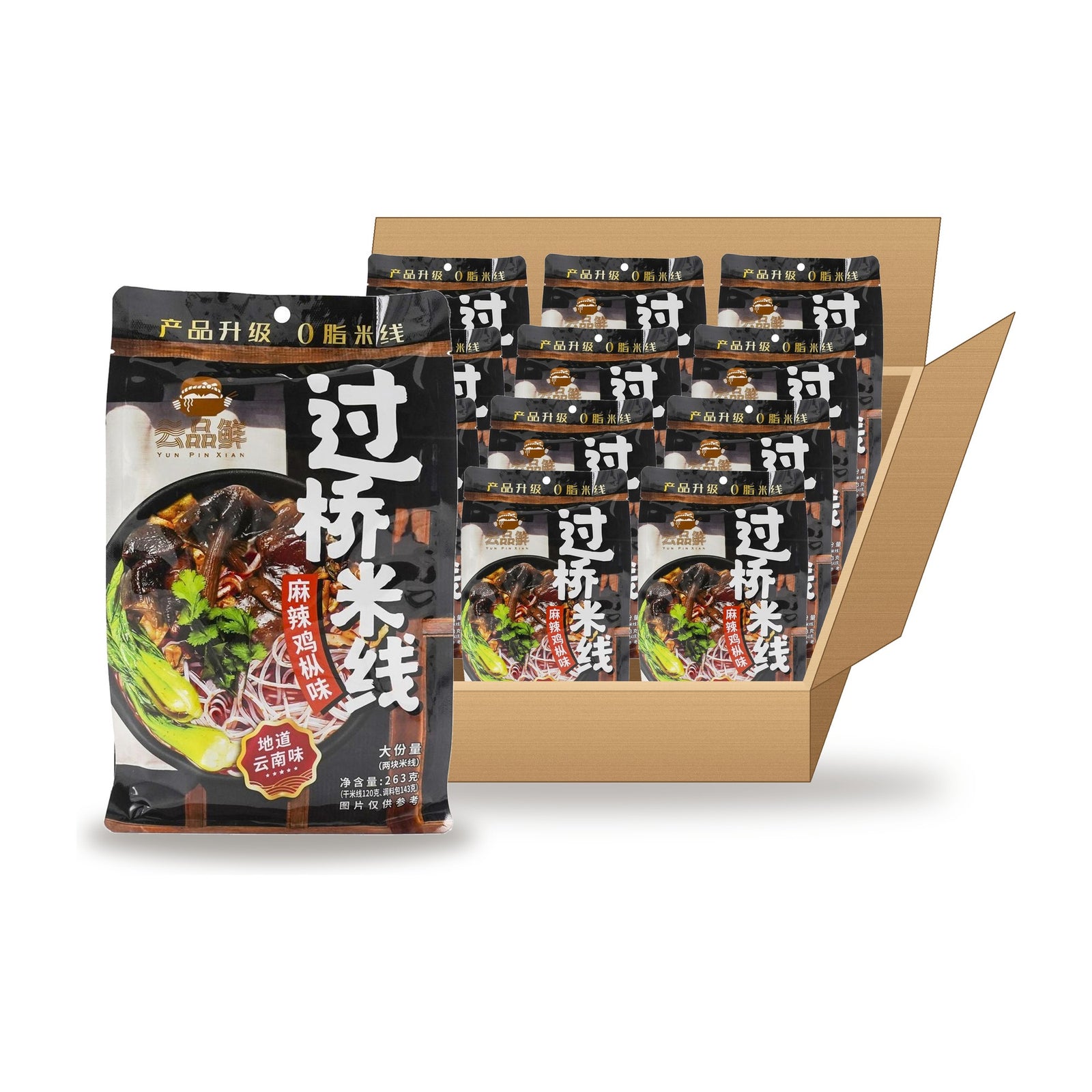 Yun Pin Xian Spicy Mushroom Noodle Soup 263 g Case: one bag in front of an open case